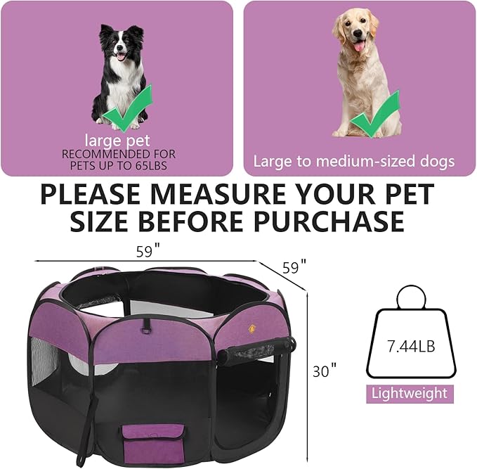 Extra Large Pet Dog Playpen, kitten Playpen Indoor/Outdoor, Portable Dog Play Pen Tent Crates Cage for Dog and Cat, Foldable Pop Up Puppy Kennel Playpen with Waterproof Bottom, Top Cover, Purple