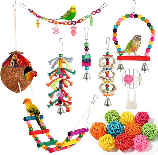 Bird Toys 17 Pcs Bird Parakeet Swing Chewing Hanging Toys Climbing Ladder Coconut Bird Cage Toys Suitable for Cockatiels,Conures,Finches,Budgie,Love Birds