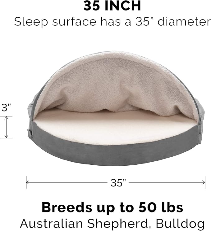Furhaven 35" Round Cooling Gel Dog Bed for Large/Medium Dogs w/ Removable Washable Cover, For Dogs Up to 50 lbs - Sherpa & Suede Snuggery - Gray, 35-inch