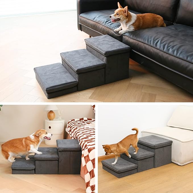 Foldable Dog Stairs/Steps 3-Tier Pet Steps Storage and Adjustable Steps for Small Medium Dogs Pet Steps Storage Stepper for High Beds Sofa Pet Dog Cat