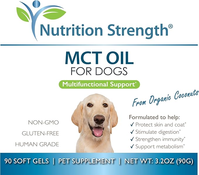 MCT Oil for Dogs from Organic Coconuts, Medium Chain Triglycerides with Caprylic Acid & Capric Acid to Protect Skin and Coat, Boost Immunity, Support Metabolism, 90 Soft Gels