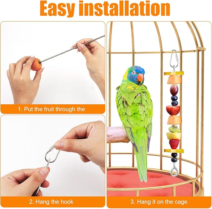 3pcs Parrot Fruit Skewer, Stainless Steel Bird Vegetable Skewer with Hook Bird Food Holder Cage Food Stick Feeder Skewer Parrot Foraging Toy for Budgies, Parakeets, Macaws