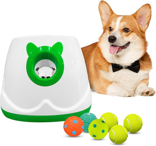 Automatic Dog Ball Launcher, Interactive Dog Ball Launcher for Small to Medium Dogs, 3 Launching Distance Dog Ball Thrower Machine for Indoor Outdoor with 6pcs Balls Dog Toy