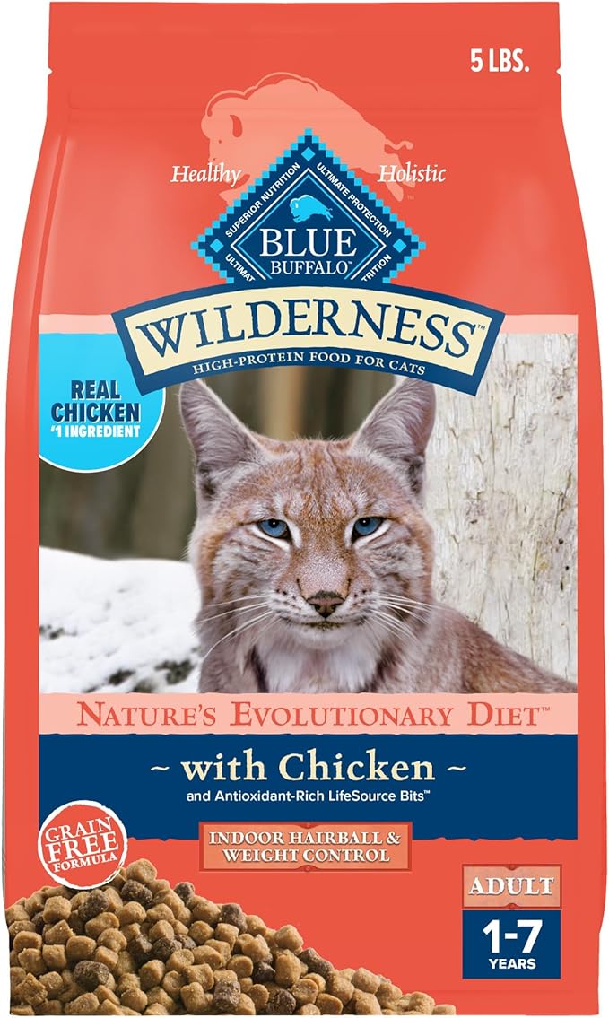 Blue Buffalo Wilderness High-Protein, Grain-Free Natural Dry Food for Adult Cats, Weight and Hairball Control, Chicken, 5-lb. Bag