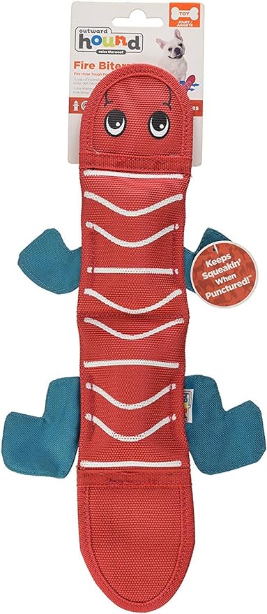 Outward Hound Fire Biterz Red Lizard Plush Firehose Material Interactive Dog Toy, Medium