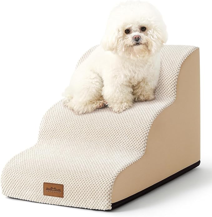 Dog Stairs for Couch or Low Bed, Small Dogs Ramp with Leakproof Fabric Cover, Foam Pet Steps for Cat or Sofa, Lightweight, Non-Slip, Durable, Comfort, 15.7x22.4x15.7in, Light Khaki, 3 Tiers