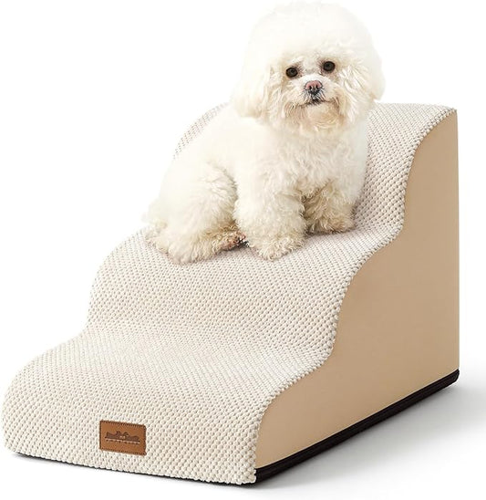 Dog Stairs for Couch or Low Bed, Small Dogs Ramp with Leakproof Cover, Foam Pet Steps for Cat and Sofa, Lightweight, Non-Slip, Durable, Comfort, 15.7x22.4x15.7in, Light Khaki, 3 Tiers