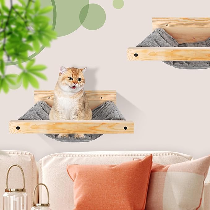 Almcmy Cat Hammock Wall Mounted, Floating Cat Shelves for Wall, Wooden Cat Beds and Perches for Wall, Holds up to 33 lbs, Cat Wall Furniture for Sleeping, Playing, Climbing, Lounging