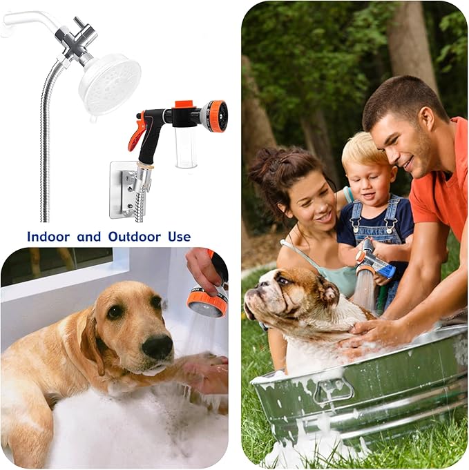 Dog Shower Attachment Water Hose Nozzle Sprayer Set with Metal 3-Way Shower Diverter & 6.6 Ft Long Hose for Bathroom Shower Arm Easy Indoor Outdoor Pet Pup Dog Washer Hose attachment