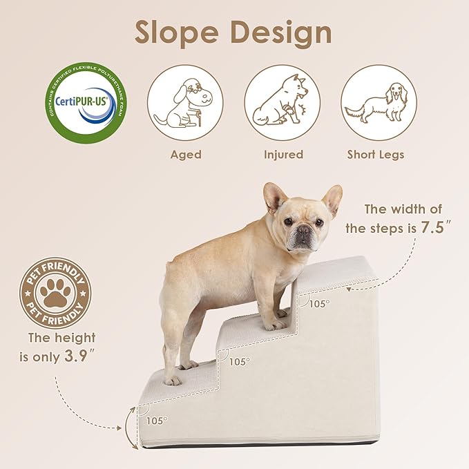 EHEYCIGA Dog Stairs for Small Dogs 15.7" H, 3-Steps Dog Steps for Small Dogs and Cats, Slope Pet Steps with Non-Slip Bottom, Beige