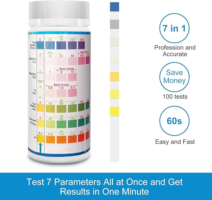 Aquarium Test Strips for Freshwater Fish: 7 in 1 Fish Tank Water Testing Kit for Aquarium Pond - Accurate Testing Nitrate Nitrite Hardness Free Chlorine pH Carbonate Total Alkalinity-100 Strips