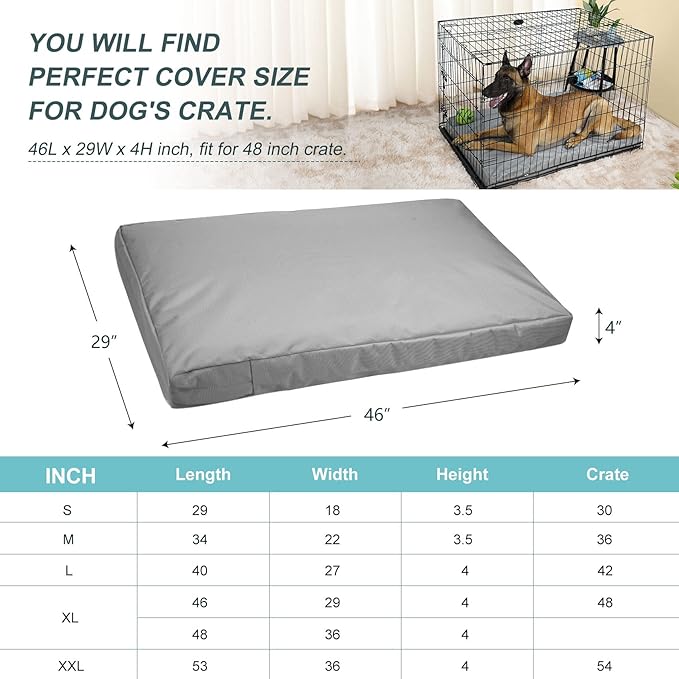 Waterproof Dog Bed Cover Canvas Washable Dog Crate Pad Replacement Cover for 48 Inch Crate, 46Lx29Wx4H inch, Gray