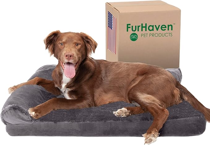 Furhaven Cooling Gel Dog Bed for Large/Medium Dogs w/ Removable Bolsters & Washable Cover, For Dogs Up to 55 lbs - Plush & Velvet L Shaped Chaise - Platinum Gray, Large