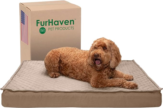 Furhaven Water-Resistant Cooling Gel Dog Bed for Large Dogs w/ Removable Quilt Top & Washable Cover, For Dogs Up to 95 lbs - Indoor/Outdoor Quilt Top Convertible Mattress - Sand, Jumbo/XL