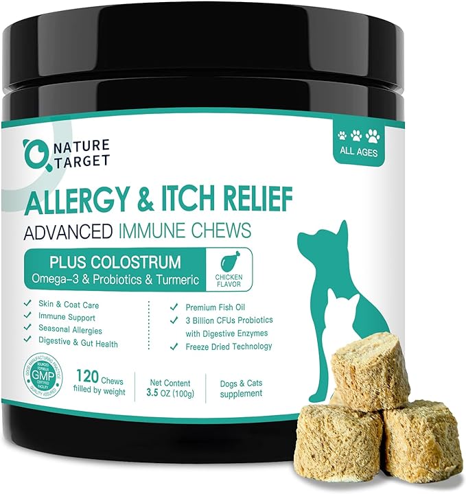 Dog Allergy Relief Freeze Dried Chews, with Probiotics, Colostrum for Immune Health, Anti Itch & Seasonal Allergies & Scratching, Omega 3 for Skin & Coat Health, Stop Pawlicking, Hot Spots, Shedding