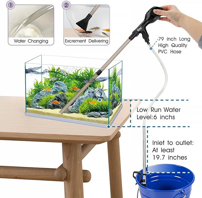 hygger Small Gravel Vacuum for Aquarium, Manual 80GPH Aquarium Gravel Cleaner Low Water Level Water Changer Fish Tank Cleaner with Pinch or Grip Run in Seconds Suction Ball Adjustable Length