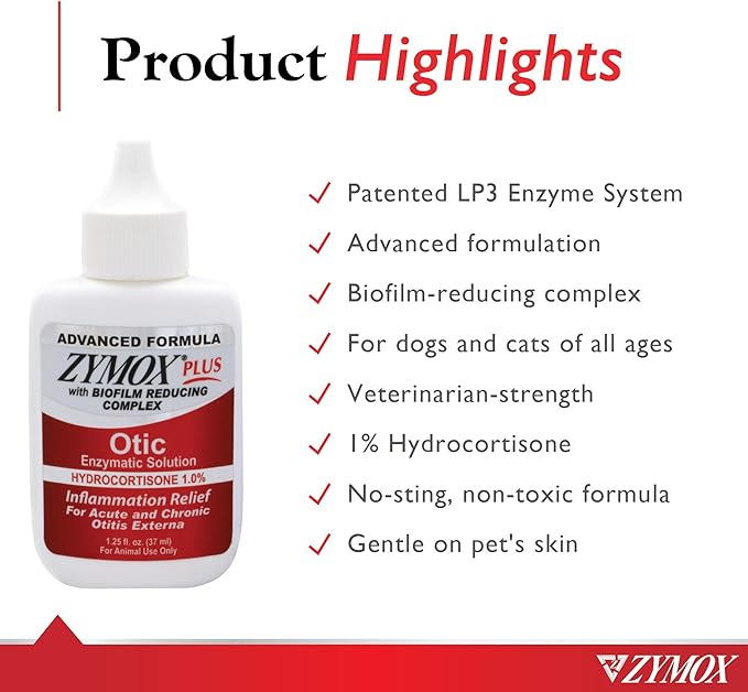 Zymox Advanced Formula Otic Plus Enzymatic Ear Solution for Dogs and Cats with 1% Hydrocortisone, 1.25oz