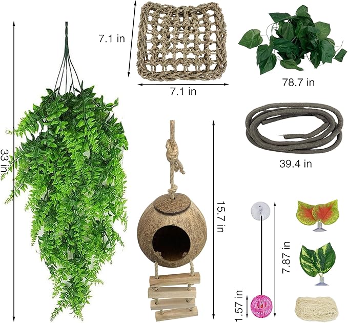 Hamiledyi Crested Gecko Tank Accessories,Reptile Vines Plants with Coconut Shell Ladder Hideout Hut Hermit Crab Decor Hammock for Bearded Dragon Lizard Chameleon Tortoise Snake Play Rest