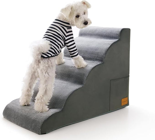 Dog Stairs for Small Dogs, JYpawsiepal dog steps for High Bed and Couch, Pet Ramp with High Density Foam, Non-Slip Balanced Indoor Pet Stairs 5 Step Pet Steps Grey