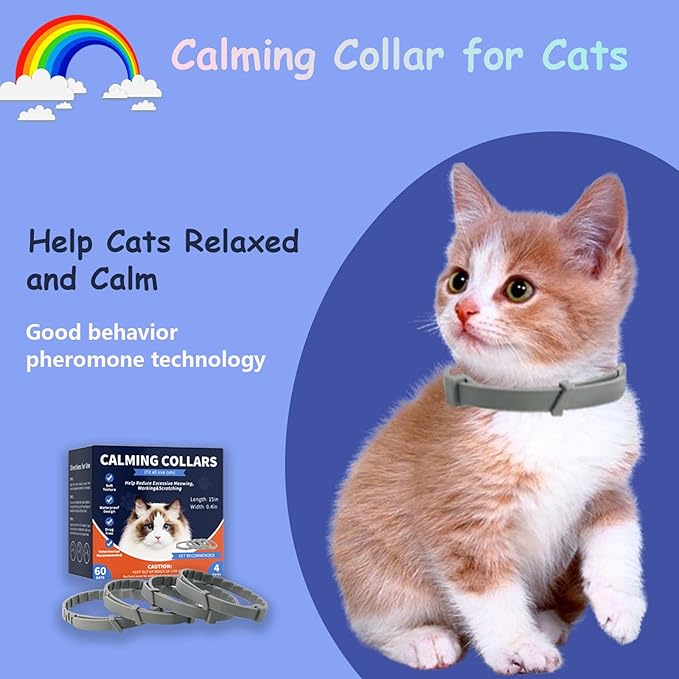 4 Pack Calming Collar for Cats, Cat Calming Pheromones Indoor and Outdoor Activities, Natural Scent Adjustable Fit Kittens to Large Cats Relieve Stress Calming Products