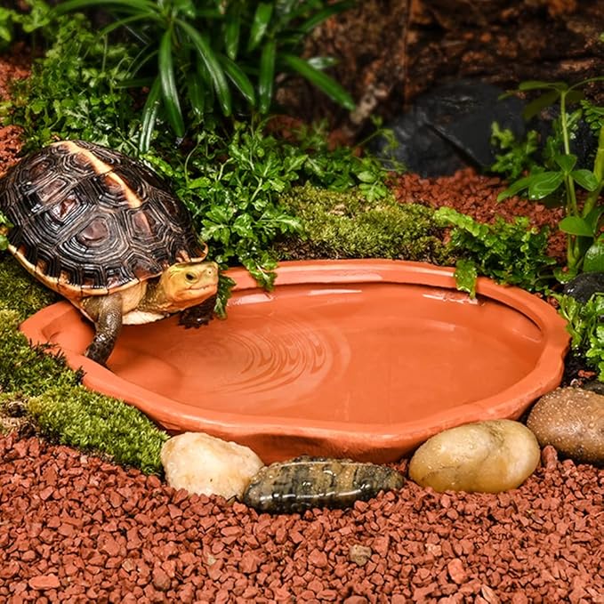 Flushbay Extra Large Reptile Bathing Pool Tortoise Bathing Pool Reptile Feeding Dish Water Bath Bowl Aquarium Ornament for Gecko, Snake, Turtle, Bearded Dragon, Lizard Bath (Red Pottery)