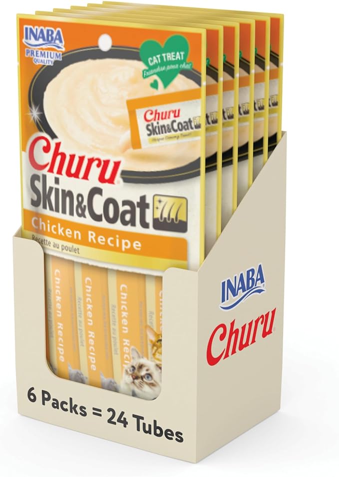 INABA Churu Lickable Purée Natural Cat Treats for Skin and Coat with Omega Oils, Taurine and Vitamin E, 0.5 Ounces Each, 24 Tubes (Four Per Package), Chicken Recipe