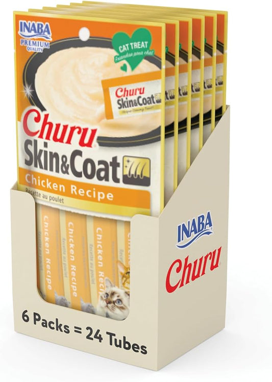 INABA Churu Lickable Purée Natural Cat Treats for Skin and Coat with Omega Oils, Taurine and Vitamin E, 0.5 Ounces Each, 24 Tubes (Four Per Package), Chicken Recipe