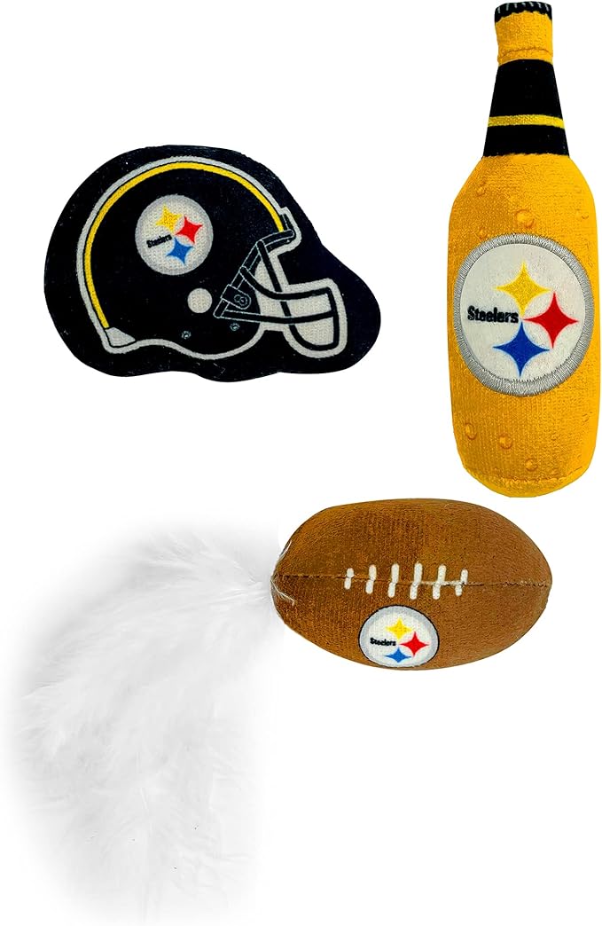 BEST PLUSH CAT TOY NFL PITTSBURGH STEELERS Complete Set of 3 piece Cat Toys filled with Fresh Catnip. Includes: 1 Helmet Cat Toy, 1 Football Cat Toy with Feathers & 1 Beer Bottle. Beautiful Team LOGOS