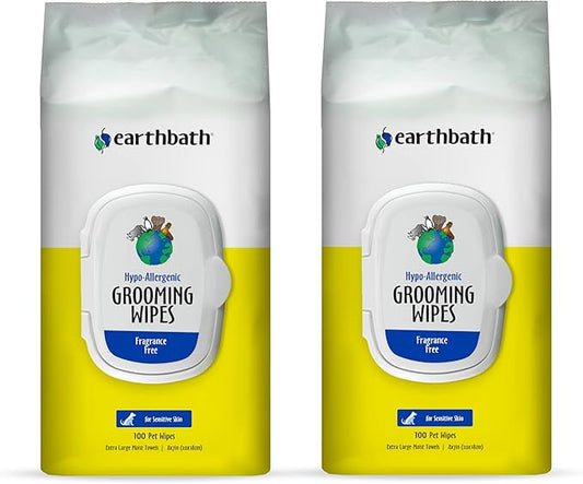 earthbath, Hypo-Allergenic Grooming Wipes - Fragrance Free Dog Wipes for Paws and Butt, Best Pet Wipes for Dogs with Sensitive Skin, Made in USA, Cruelty-Free Dog Cleaning Wipes - 100 Count (2 Pack)