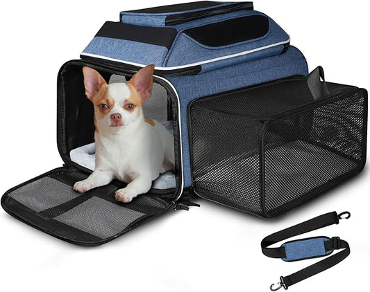 Top and Side Expandable Pet Carrier 17x13x9.5 Inches Southwest Allegiant Airline Approved, Soft-Sided Carrier for Small Cats and Dogs with Locking Safety Zippers and Anti-Scratch Mesh(Blue)