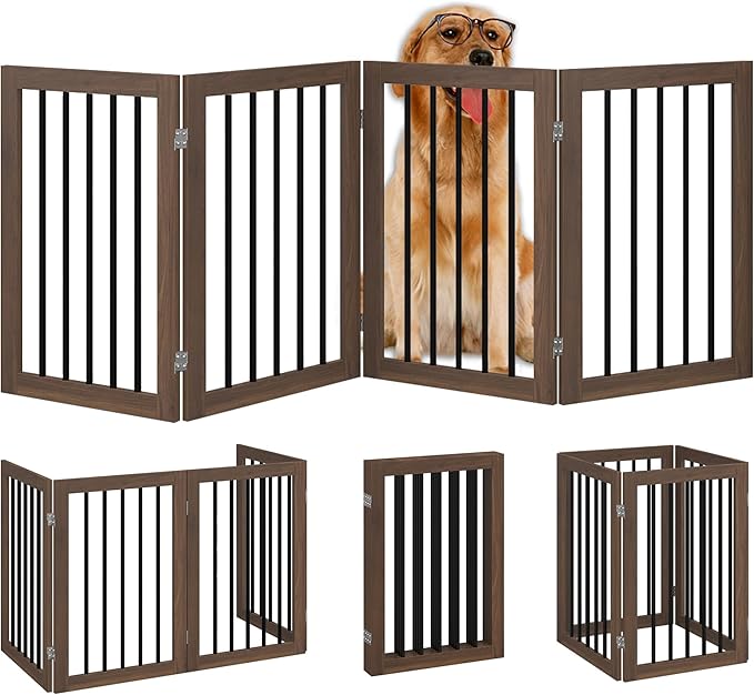 Folding Pet Gate 72" Wide, 30" Tall No-Assembly Wooden Dog Gate, Freestanding Pet Gate, Pet Puppy Safety Fence - Brown