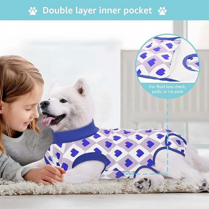 Recovery Suit for Dogs, Dog Recovery Suit Male Female Post Spay, Neuter, Abdominal Surgery Recovery Suit with an Inner Layer Pocket, Prevent Licking Soft Breathable Cotton, Blue, Large+