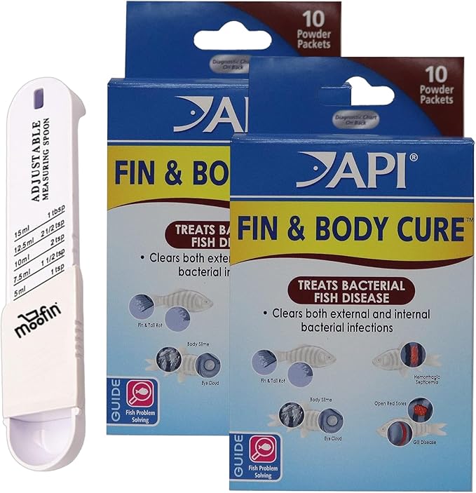 Fin & Body Cure Fish Medication, 1.44 Oz - Fish Medicine for Parasite Ailments, includes | Bundle with Plastic Measuring Spoon, Fin & Tail Medication for Fish, Ideal for Freshwater & Saltwater Fish ~