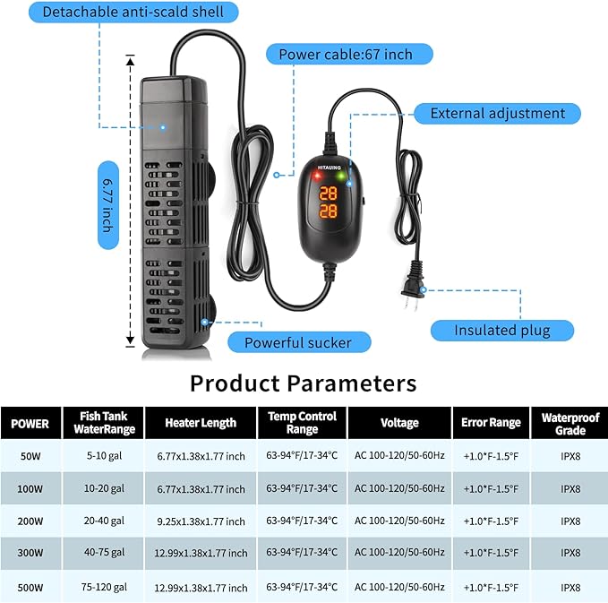 HiTauing Aquarium Heater, 50W/100W/200W/300W/500W Submersible Fish Tank Heater with Over-Temperature Protection and Automatic Power-Off When Leaving Water for Saltwater and Freshwater