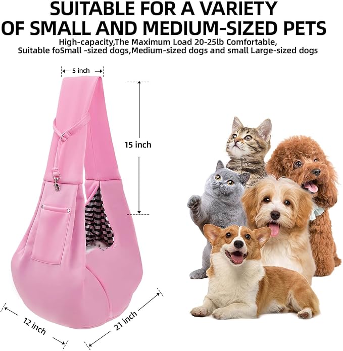 Dog Carrier Sling - Reversible Puppy Carrier Purse with Storage Pocket, Hand-Free Dog Sling Carrier for Carry Small Dogs and Cats，Travel Safety Harness, Dog and cat Harness (Pink)