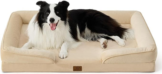 Bedsure Orthopedic Dog Bed for Large Dogs - Big Washable Dog Sofa Beds Large, Supportive Foam Pet Couch Bed with Removable Washable Cover, Waterproof Lining and Nonskid Bottom, Light Khaki