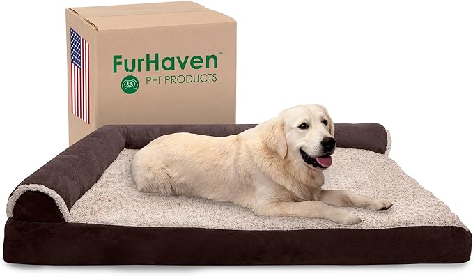 Furhaven Memory Foam Dog Bed for Large Dogs w/ Removable Bolsters & Washable Cover, For Dogs Up to 125 lbs - Two-Tone Plush Faux Fur & Suede L Shaped Chaise - Espresso, Jumbo Plus/XXL