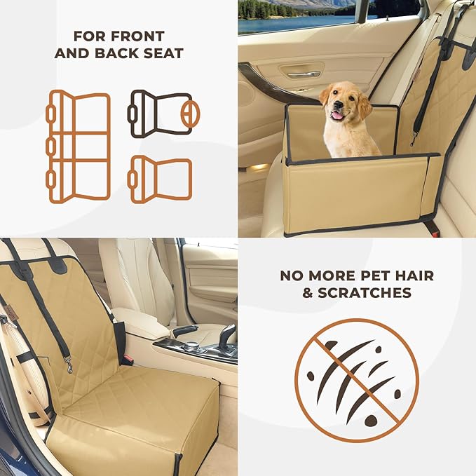 Extra Stable Dog Car Seat - Robust Car Dog Seat or Puppy Car Seat for Small to Medium-Sized Dogs - Reinforced Walls and 3 Belts - Waterproof Pet Car Seat for Back and Front Seat (Beige/Black)