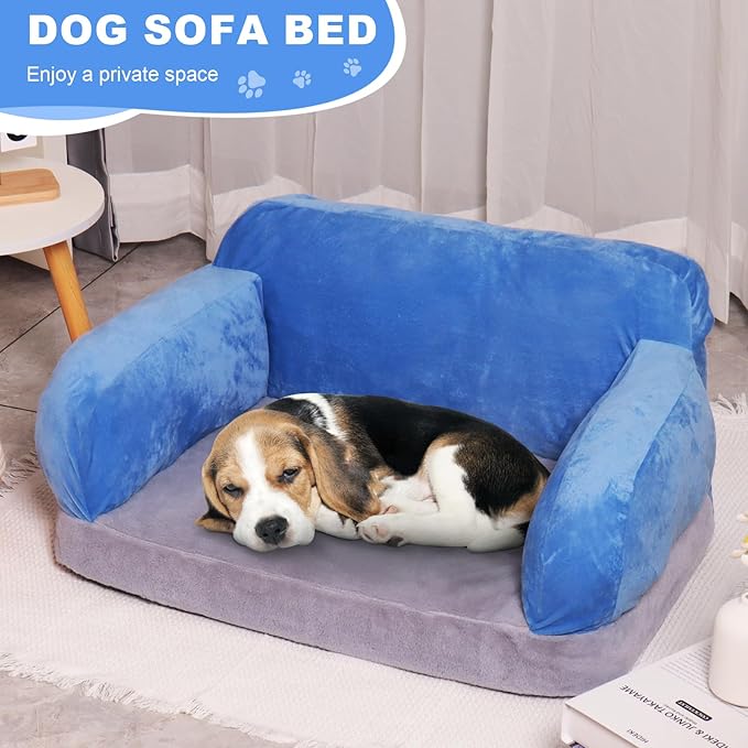 Dog Bed Couch for Small Medium Dogs, Orthopedic Pet Sofa with Reversible Memory Foam & Washable Fabric Cover, Soft Dog Sofa Bed for Indoor Puppies, Kitten, Cats Lounge Sleeping - Gray & Blue