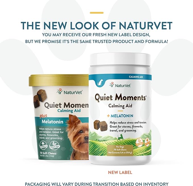 NaturVet Quiet Moments Calming Aid Dog Supplement – Helps Promote Relaxation, Reduce Stress, Storm Anxiety, Fireworks, Motion Sickness for Dogs – Tasty Pet Soft Chews with Melatonin – 70 Ct.