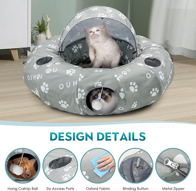 OUHOU Cat Tunnel Bed, Cat Tunnels for Indoor Cats, Peekaboo Cat Cave, Cat Donut Tunnel with Awning, Mat, 4 Balls and 6 Peek Holes, Cat Tubes for Kitten，Bunny, Puppy or Small Animals