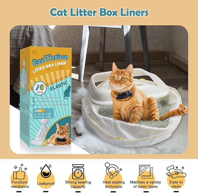 20 Count Cat Litter Liners Large, Drawstring Extra Large Pet Cat Pan Liners Extra-Thick Kitty Litter Box Bag- (medium 31" x 18")