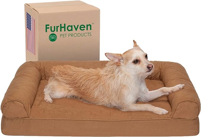 Furhaven Orthopedic Dog Bed for Medium/Small Dogs w/ Removable Bolsters & Washable Cover, For Dogs Up to 35 lbs - Quilted Sofa - Toasted Brown, Medium