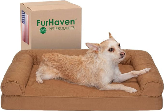 Furhaven Orthopedic Dog Bed for Medium/Small Dogs w/ Removable Bolsters & Washable Cover, For Dogs Up to 35 lbs - Quilted Sofa - Toasted Brown, Medium