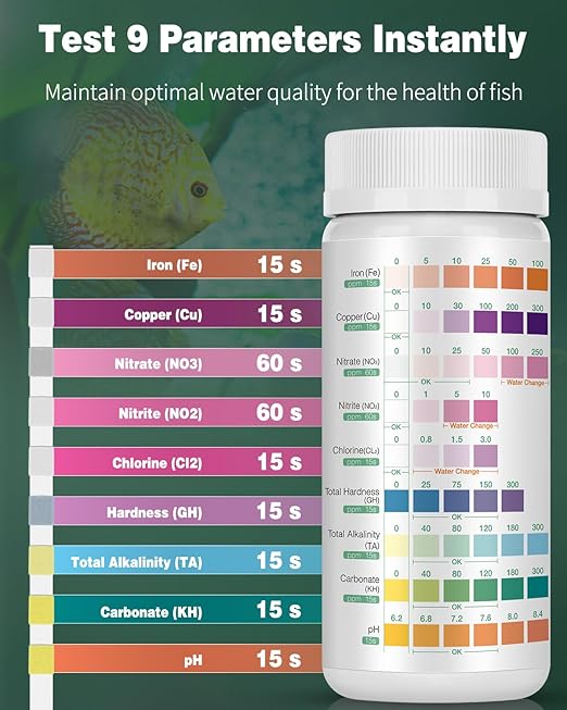 Pawfly 9 in 1 Aquarium Test Kit, Fish Tank Test Strips for pH Chlorine Nitrate Nitrite Carbonate Hardness Total Alkalinity Iron Copper, Freshwater Saltwater Test Kit