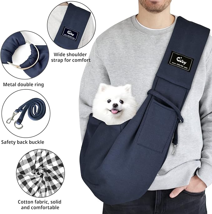 CUBY Dog and Cat Sling Carrier - Hands Free Reversible Pet Papoose Bag - Soft Pouch and Tote Design - Suitable for Puppy, Small Dogs Cats Outdoor (Blue, Adjust strap 1.0)