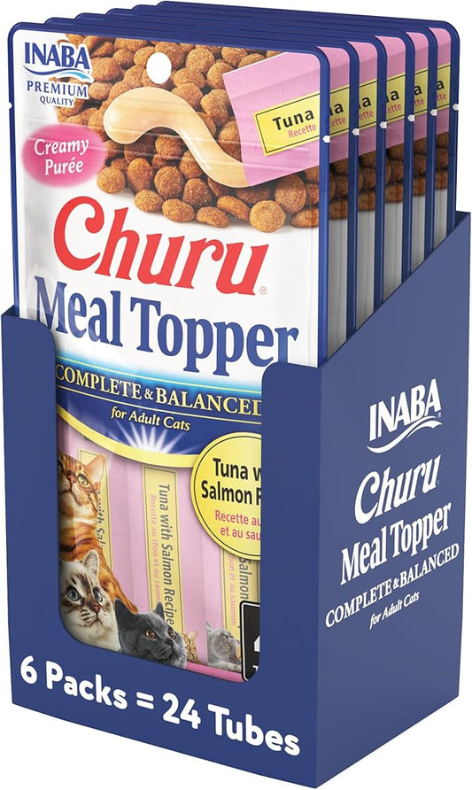 INABA Churu Meal Topper for Cats, Complete & Balanced, Creamy, Lickable Purée Cat Food Topper, 0.5 Ounce Tube, 24 Tubes (4 per Pack), Tuna with Salmon Recipe