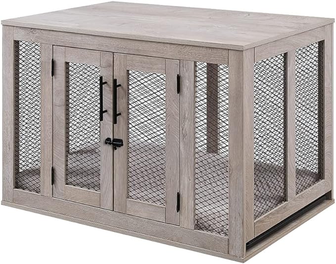 unipaws Dog Crate Furniture, Wooden Dog Kennel for Medium Breed, Indoor Decorative Wood Dog Cage, Inside Side End Table Crate with Removable Tray and Dog Bed, Dog Enclosure, for Dogs Up to 40 lbs