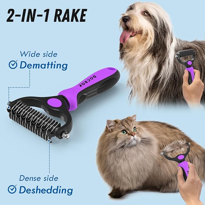 Pet Grooming Brush and Metal Comb Combo, Cat Brush Dog Brush for Shedding, Undercoat Rake for Dogs Grooming, Dematting Deshedding Brush Dogs Shedding Tool for Long matted Haired Pets, Purple