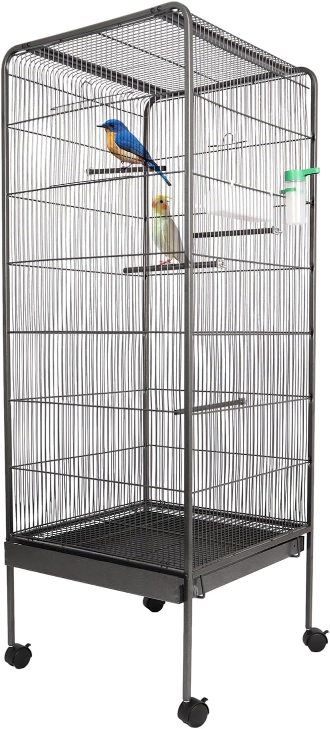 Steel Bird Cage with Rolling Stand, Plastic Feeder, PP Slide-Out Tray Large Flight Cage for Parrots, Parakeets, Cockatiels, Pigeons and Lovebirds Big Bird Cage Antique Gray As Shown